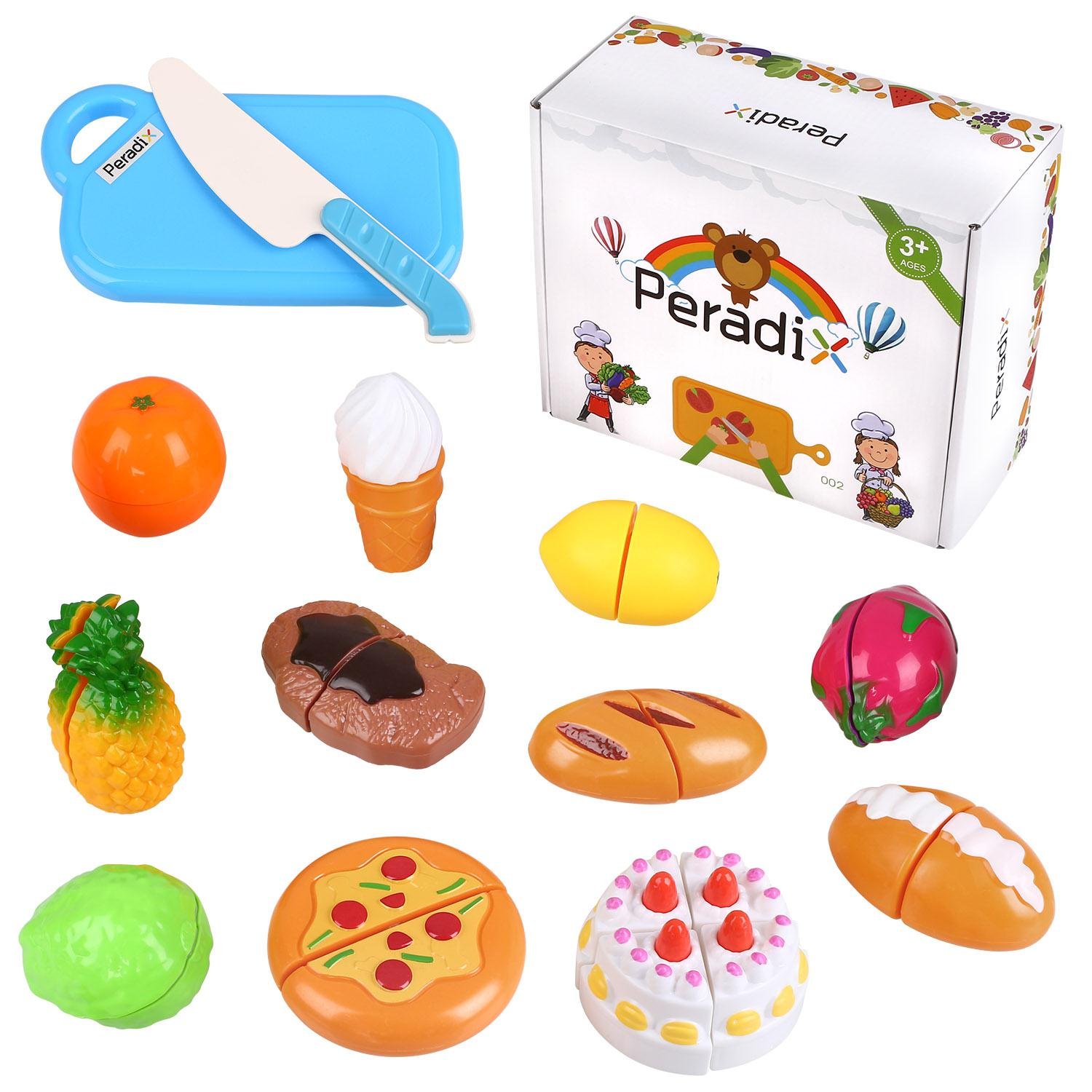 Play Food Cutting Set for Kids Kitchen Play Game with Plastic Velcro Vegetables Fruits Hamburger Cake Cutting Board Set and Apron by Peradix