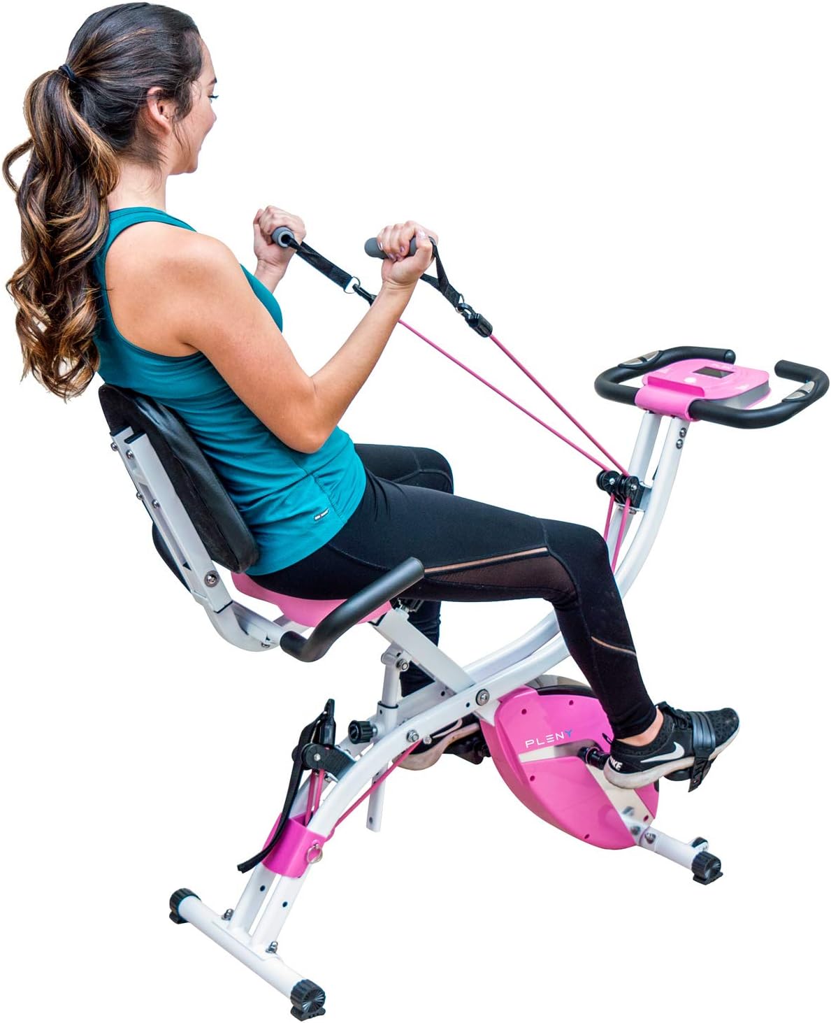 PLENY 3-in-1 Total Body Workout Exercise Bike w/Backlit Screen, High Backrest, Adjustable Resistance Bands for Arm & Leg, and 300 lbs Weight Support