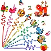 24Pcs Beach Drinking Straws, Summer Pool Beach Party Favors, Crazy Silly Straws, Hawaiian Birthday Goodie Bag Birthday Party Supplies Decorations with 2 PCS Cleaning Brushes