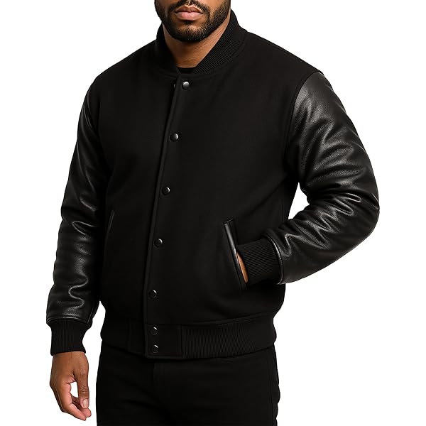 Unisex Women/Mens Lettermen's Jacket - Black Wool and Faux Leather