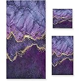 Purple Marble Bath Towels Set,Ultra Soft 3 Piece Abstract Gold Texture Aesthetic Modern Towel Set for Bathroom,1 Bath Towel 1 Hand Towel 1 Washcloth,Absorbent Quick Dry Decoractive Bathroom Towels