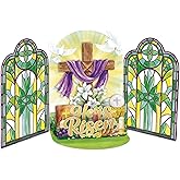 D4DREAM Pop Up Religious Easter Card - He Is Risen Christian Easter Card Church Stained Glass & Cross Scene, for Church Decor Spiritual Gift (6”x8”)