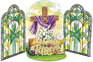 D4DREAM Pop Up Religious Easter Card - He Is Risen Christian Easter Card Church Stained Glass & Cross Scene, for Church Decor