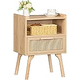 Lerliuo Rattan Nightstand, Boho Side Table with Drawer Open Shelf, Cane Accent Bedside End Table with Solid Wood Legs for Bedroom, Dorm and Small Spaces (Natural)