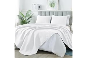 MASVIS Quilt Set Full Queen Size, Lightweight Quilted Microfiber Bedspread Coverlet for All Season, Classic Coin Pattern Quilts, Soft Bedding Set, 3 Piece (1 Quilt, 2 Pillow Shams) White