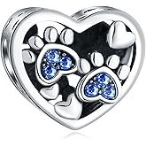 CRISNATA Puppy Dog Paw Print Charms with Brithstone Crystal, 925 Sterling Silver Pawprint Heart Bead, fits European Animal Bracelet Necklace, Gifts for Mom/Best Friend/Pet Lover