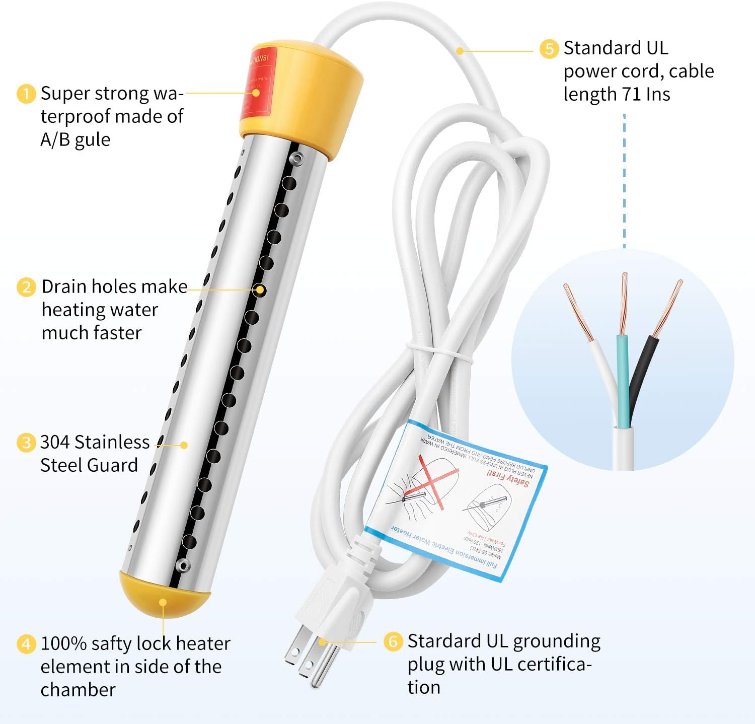 GESAIL 1500W Electric Immersion Heater, Submersible Water Heater With Stainless Steel Guard, Bucket Water Heater Used For Camping Water Heater And Pool Warmer With UL Listed, Rv Water Heater(Yellow) - - 