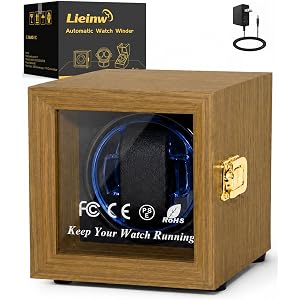 Lieinw Watch Winder for Automatic Watches, Walnut Single Winding Watch Box with Blue LED & Japanese Quiet Motor for Rolex and