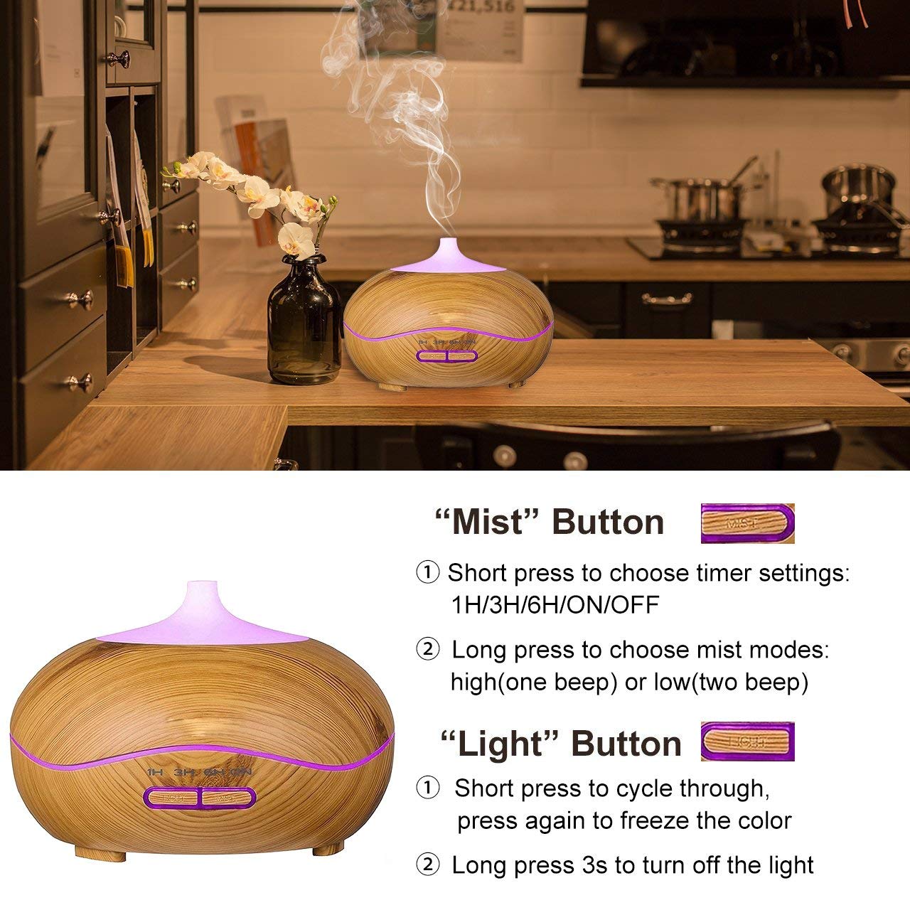 Cool Mist Ultrasonic Aroma Diffuser,7 Colour Changing LED Lights, Air Humidifier Wood Grain with Waterless Automatically Shut-off， for bedroom babyroom-WOOD …