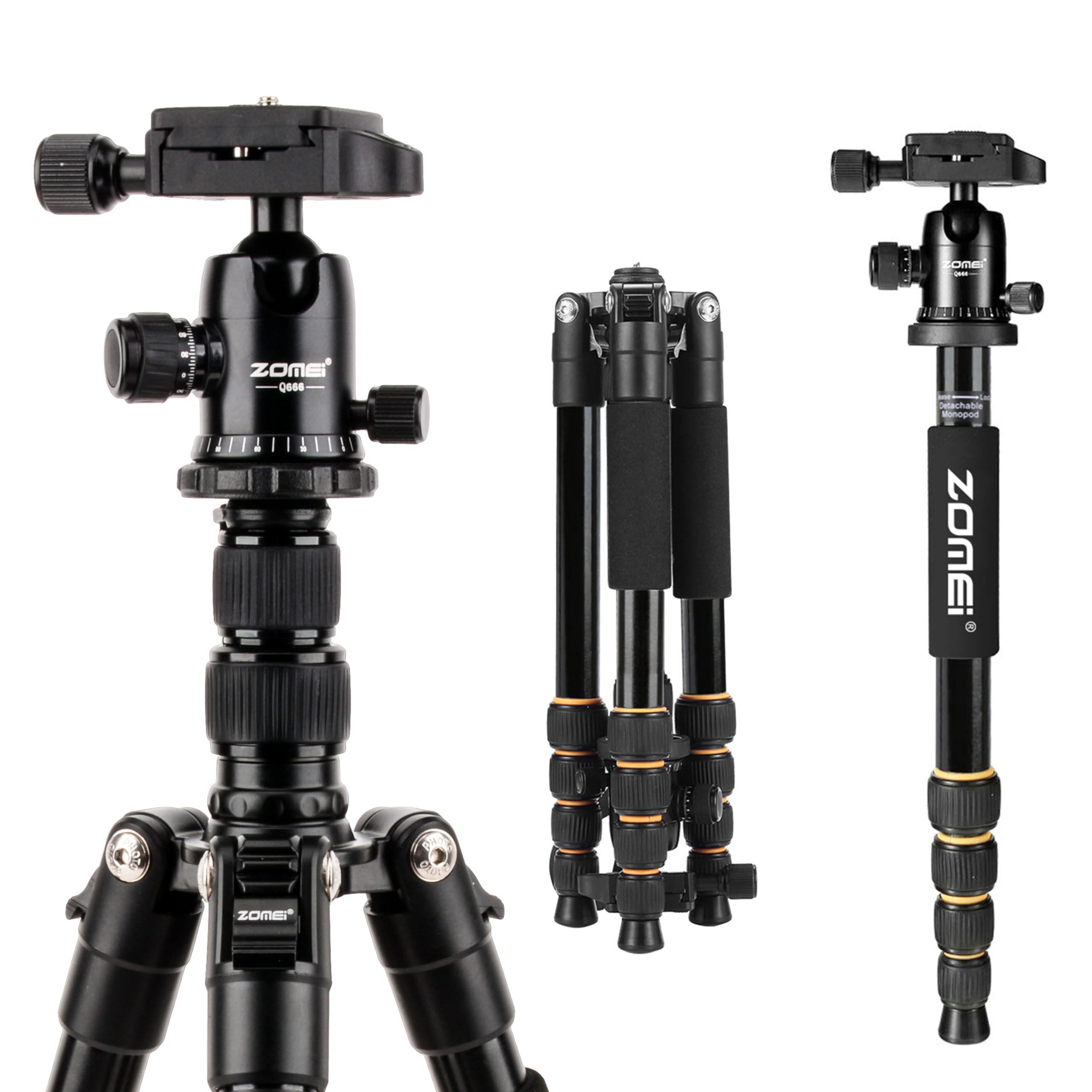 Camera Tripod, ZOMEI Q666 Compact Lightweight Aluminum Travel Tripods Monopod with 360 Degree Ball Head, 1/4" Quick Release Plate and Carry Bag