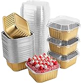 50 Pcs Mini Square Baking Cups with Lids,5oz Aluminum Foil Mini Cake Pans with Lids,Disposable Ramekins Cake Pans,150ml Dessert Cups Cupcake Pans for Wedding Birthday Party,Gold