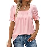 siliteelon Womens Summer Tops Pleated Square Neck Ruffle Puff Short Sleeve Blouse Cute Casual Vacation Outfits 2026