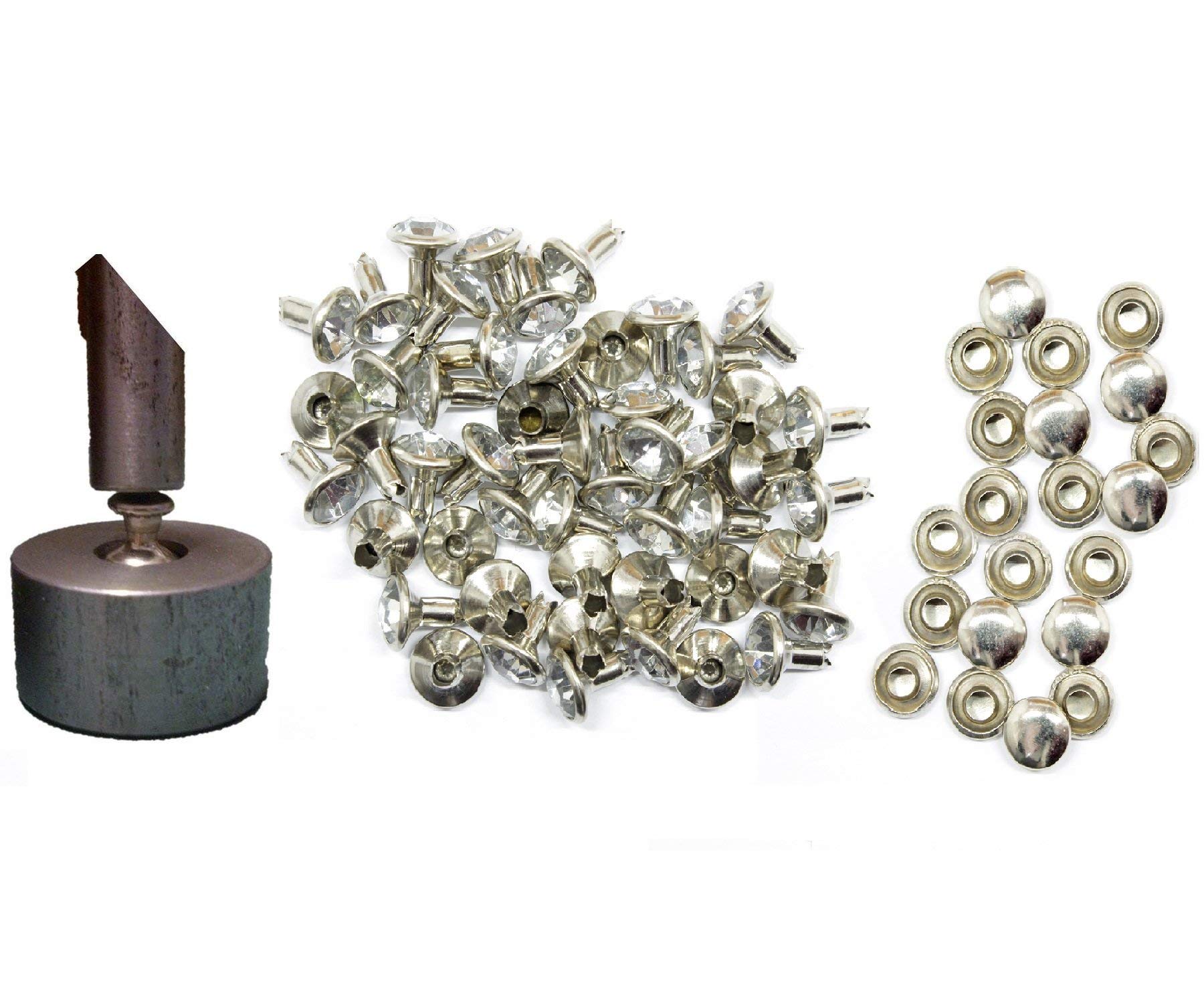 Weddecor 10mm Rivet Setting Hand Tool with Silver Acrylic Rhinestones Diamante Rivet Studs - Fashion Accessory for Leather Crafts, Designer Clothing, Belts, Bags, Dog Collars, Shoe (Pack of 50)