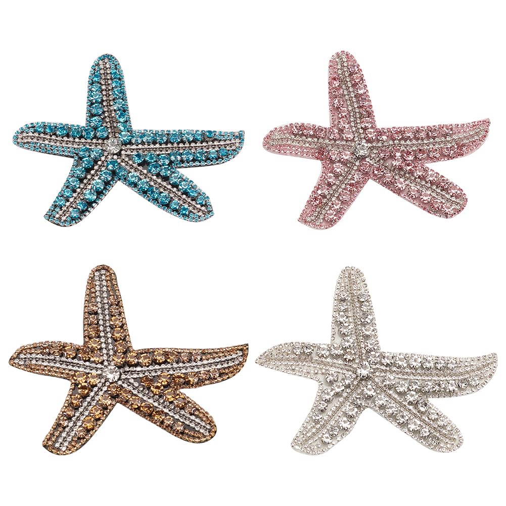 MAYJOYDIY 4Pcs Bling Starfish Rhinestone Sequins Patch for Clothing - Sew on Shell Applique with Fabric Decoration for Dress, Hat, Bag, Garment Embellishment, DIY Craft