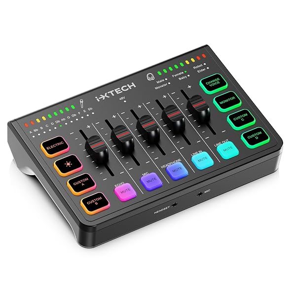 IXTECH GAMING AUDIO MIXER 4 CHANNEL SOUNDBOARD, STREAMING RGB PC AUDIO INTERFACE WITH XLR MICROPHONE SUPPORT, AUDIO EQUALIZER FOR GAMING PODCAST STREAMING KARAOKE, INDIVIDUAL VOLUME CONTROLS (BLACK)