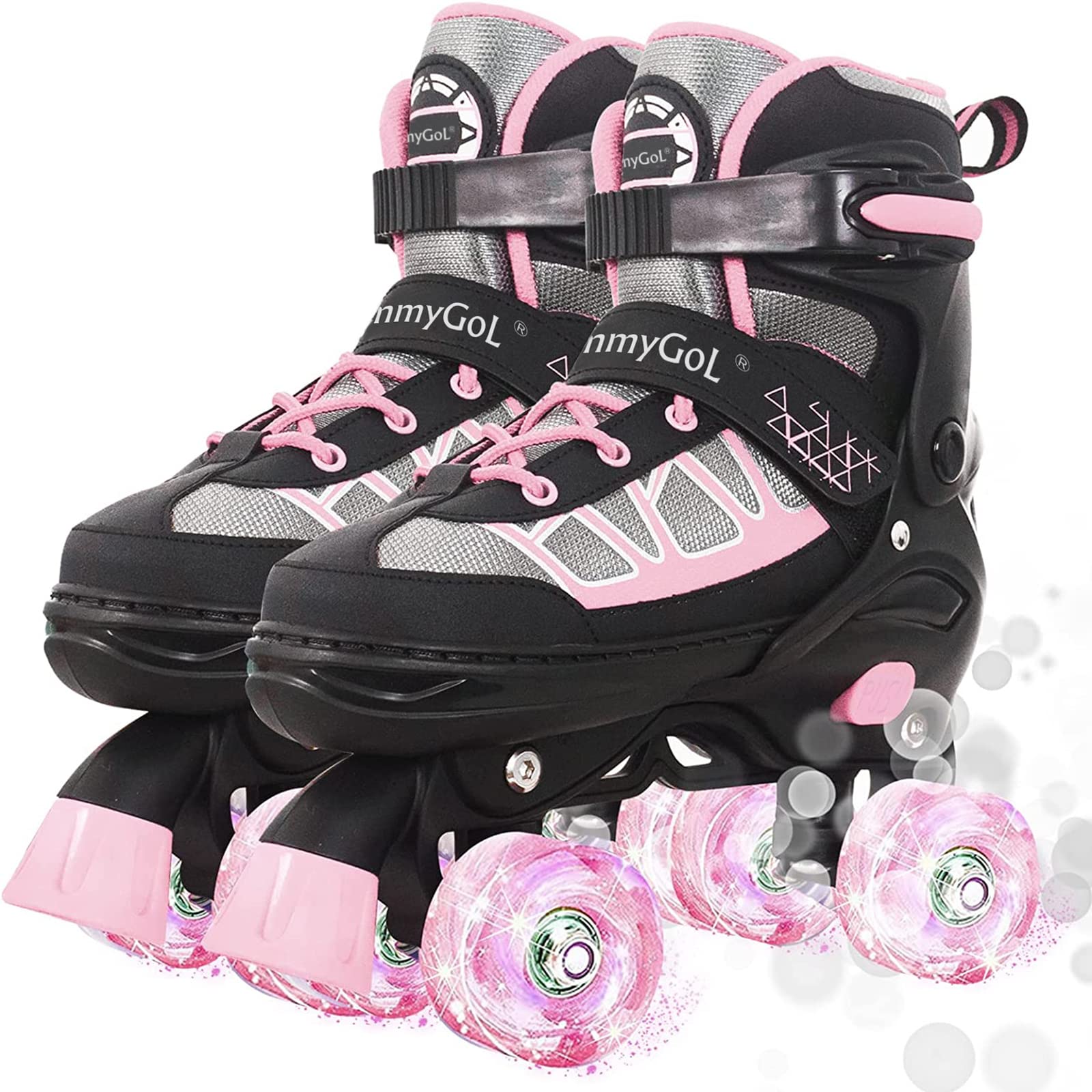 Photo 1 of MammyGol Roller Skates for Kids Boys Girls, Adjustable Quad Skates with Light Up Wheels for Toddler Little Kids Ages 6-12 Size 13C 1 2, Beginners Outdoor Sports, Pink