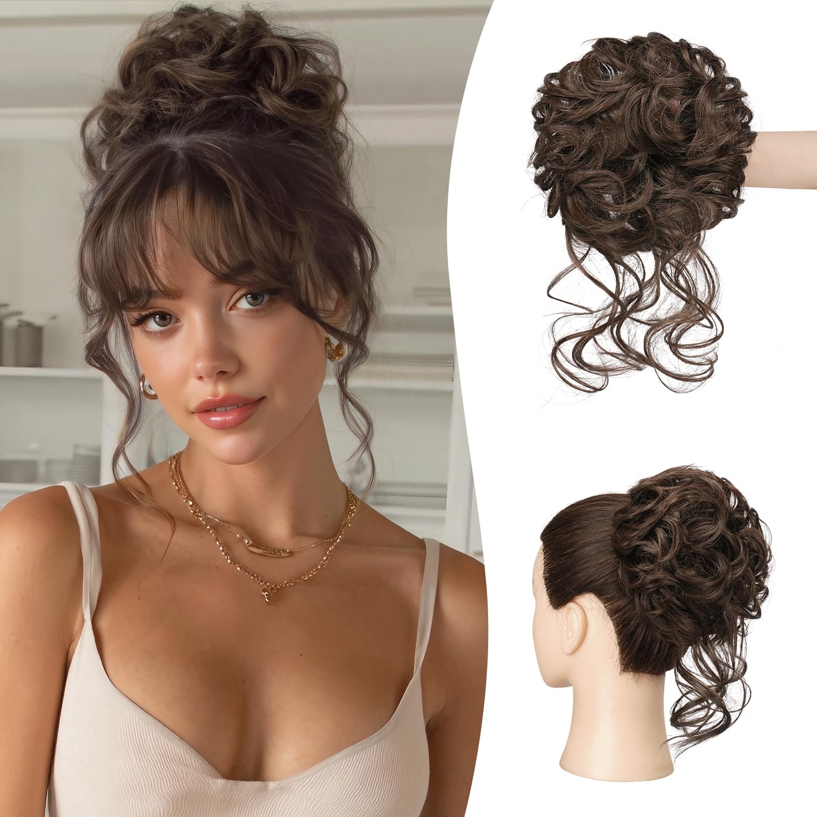 Sofeiyan Messy Bun Hair Piece Curly Wavy Hair Bun Extensions Synthetic Tousled Updo with Tendrils Hairpieces Bun Donut Accessories Scrunchies for Women, Darkest Brown Mix Light Auburn