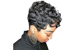 MOONSHOW Short Pixie Wigs for Black Women Short Black Curly Pixie Wig Synthetic Short Hair Wigs for Black Women Natural Wavy Black Pixie Cut Wig (Natural Black)