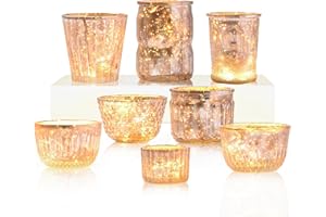 DN DECONATION 8PCS Gold Mercury Glass Candle Holder, Assorted Mercury Glass Votive Candle Holders, Vintage Tea Light Candle Holder for Wedding, Parties, Centerpieces, Decorations