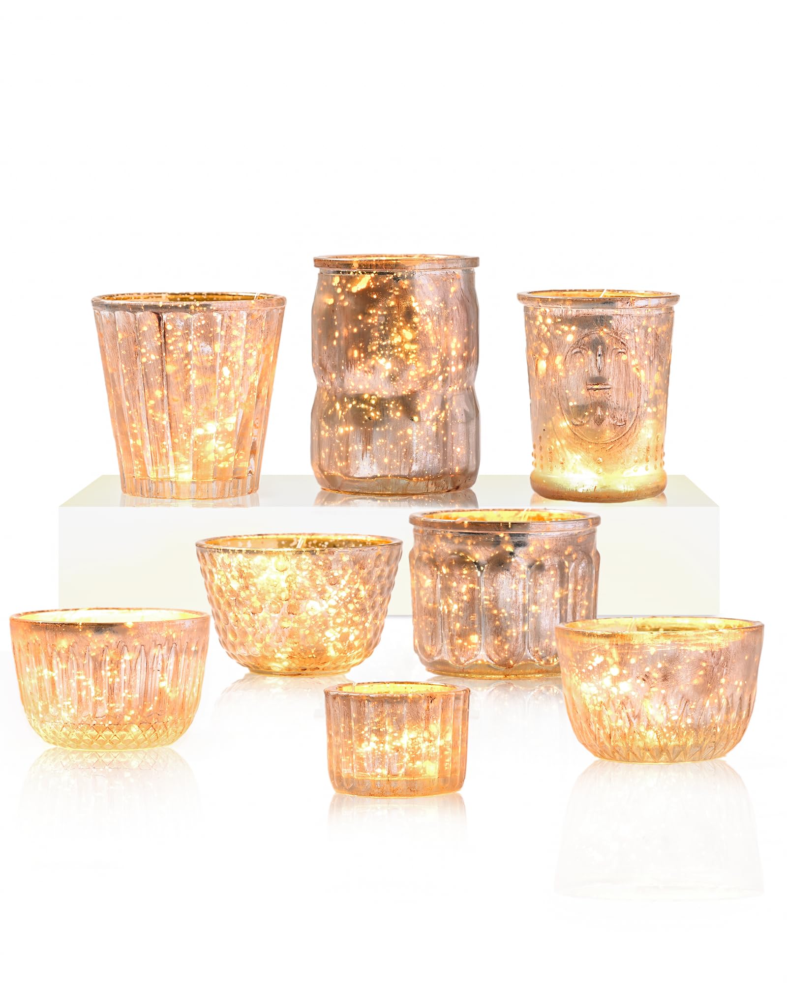 Photo 1 of DN DECONATION 8PCS Gold Mercury Glass Candle Holder, Assorted Mercury Glass Votive Candle Holders, Vintage Tea Light Candle Holder for Wedding, Parties, Centerpieces, Decorations