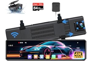 JELKUZ 2025 Upgraded 12" 4K Rear View Mirror Camera with WiFi,2160P Mirror Dash Cam Front and Rear Backup Camera for Cars & Trucks,WDR & HDR, Loop Recording, G-Sensor, Parking Monitor, 64GB Card & GPS