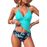 Holipick Women Tummy Control Tankini Swimsuits Two Piece with Bottom | Handmade braided macrame, two piece, v neck, ruched tummy control, adjustable straps, for beach, pool, cruise trip, vacations