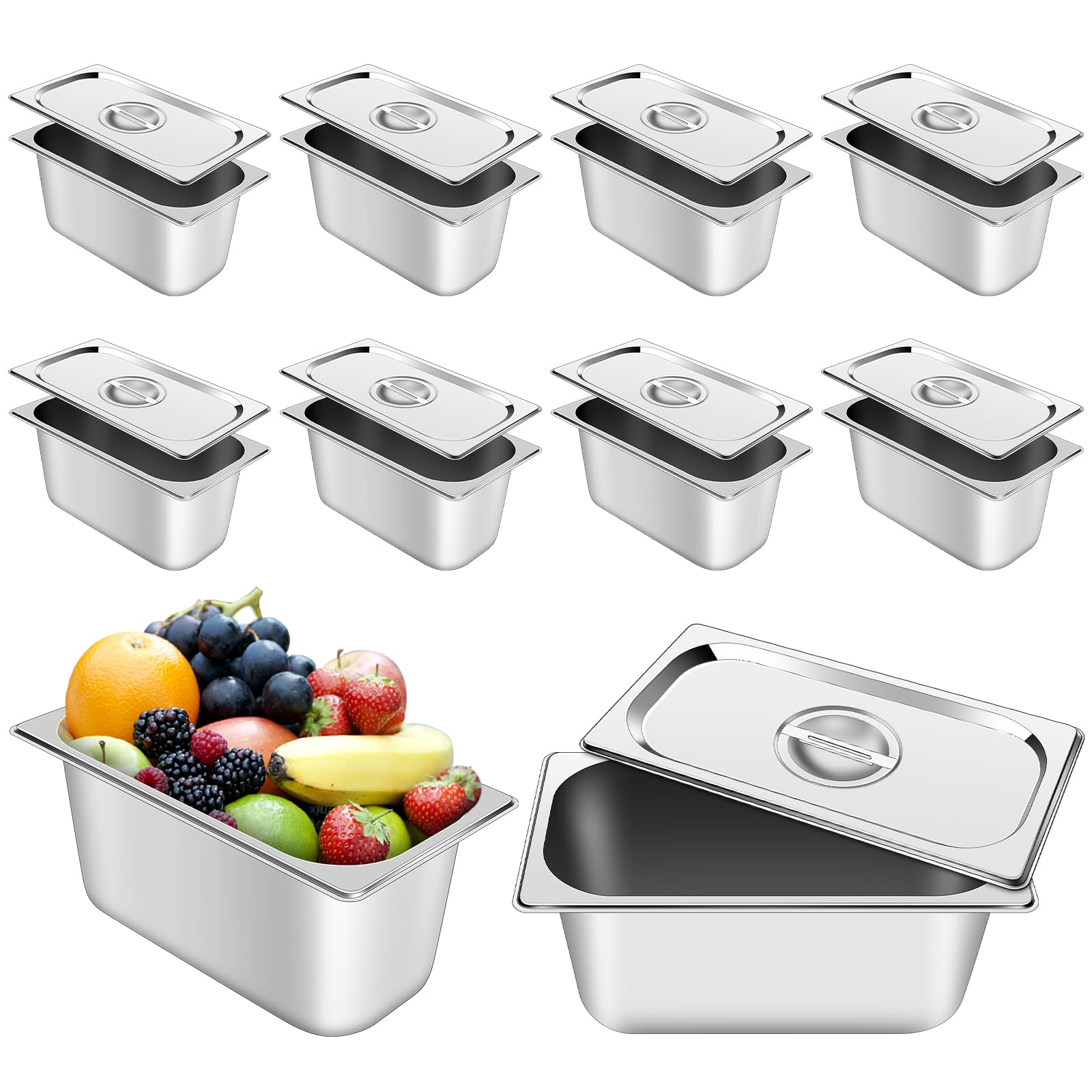 Photo 1 of 10 Set Stainless Steel Hotel Pans with Lids 1/3 Size 6 Inch Deep Food Pans Anti-Jam Warming Steam Table Pan Lid Catering Food Storage Metal Pan Steam Cover for Fruits Vegetables Restaurant Hotel