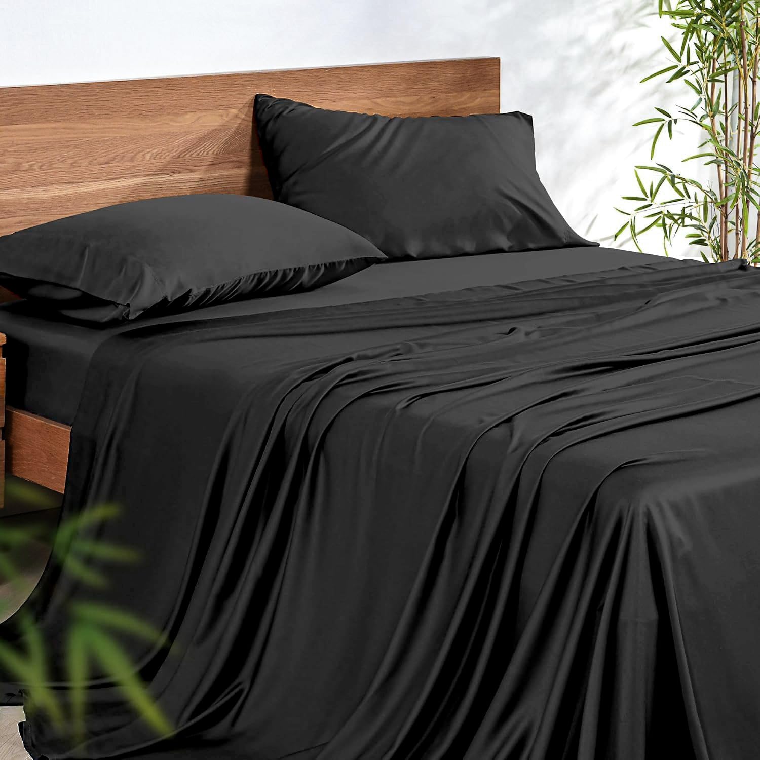 Photo 1 of Full Size Sheet Set - 100% Organic Bamboo Fiber Bed Sheet Set - 4 Piece (1 Flat Sheet, 1 Fitted Sheet, 2 Pillowcases), 210 Thread Count, 125GSM, 16'' Deep Pocket, Hypoallergenic, Cooling, Bedding1051231050

