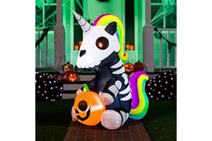 Joiedomi 5 FT Halloween Inflatables Skeleton Decor Outdoor, Blow Up Decorations Sitting Skeleton Unicorn with LEDs for Halloween Decorations Outside, Yard Decor