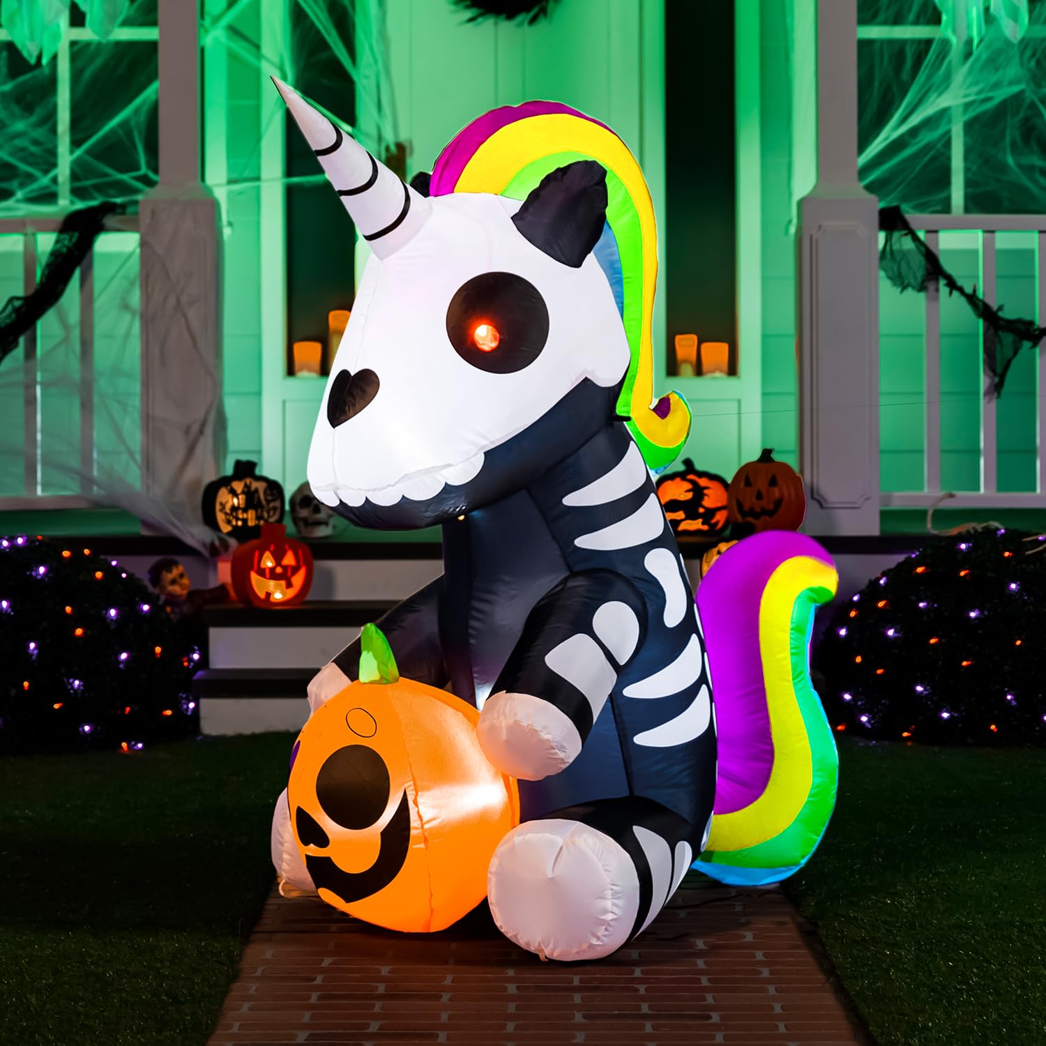 Joiedomi 5 FT Tall Halloween Inflatable Sitting Skeleton Unicorn Inflatable Yard Decoration with Build-in LEDs Blow Up Inflatables for Halloween Party Indoor, Outdoor, Yard, Garden, Lawn Decorations
