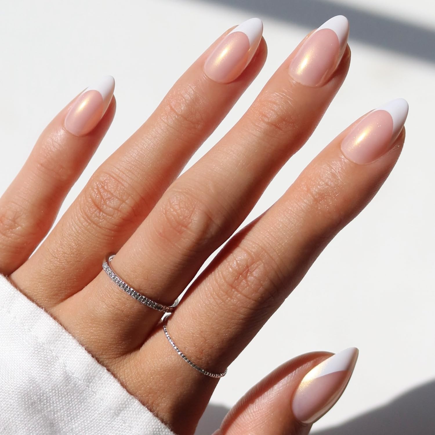 Photo 1 of Glamnetic x GLAMZILLA Press On Nails - GIVE 'EM GRACE | Short Almond Fake French Tip Nails with Gold Glaze, Salon Quality, Everyday| 15 Sizes - 30 Nail Kit with Glue