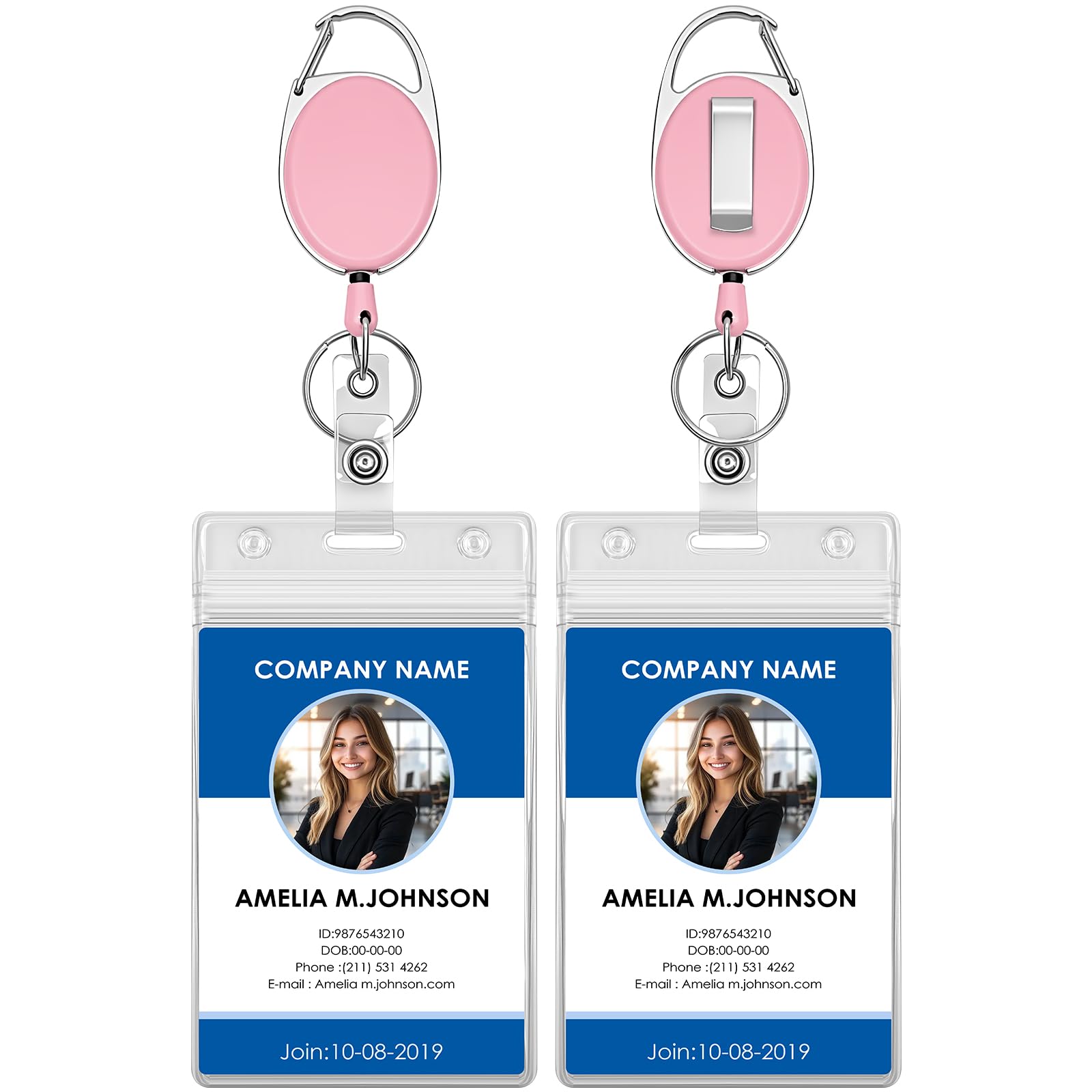 Photo 1 of 2-Pack Badge Reels, Retractable Badge Holders with Clip, Keyring, and Vertical Clear ID Card Holder, Pink