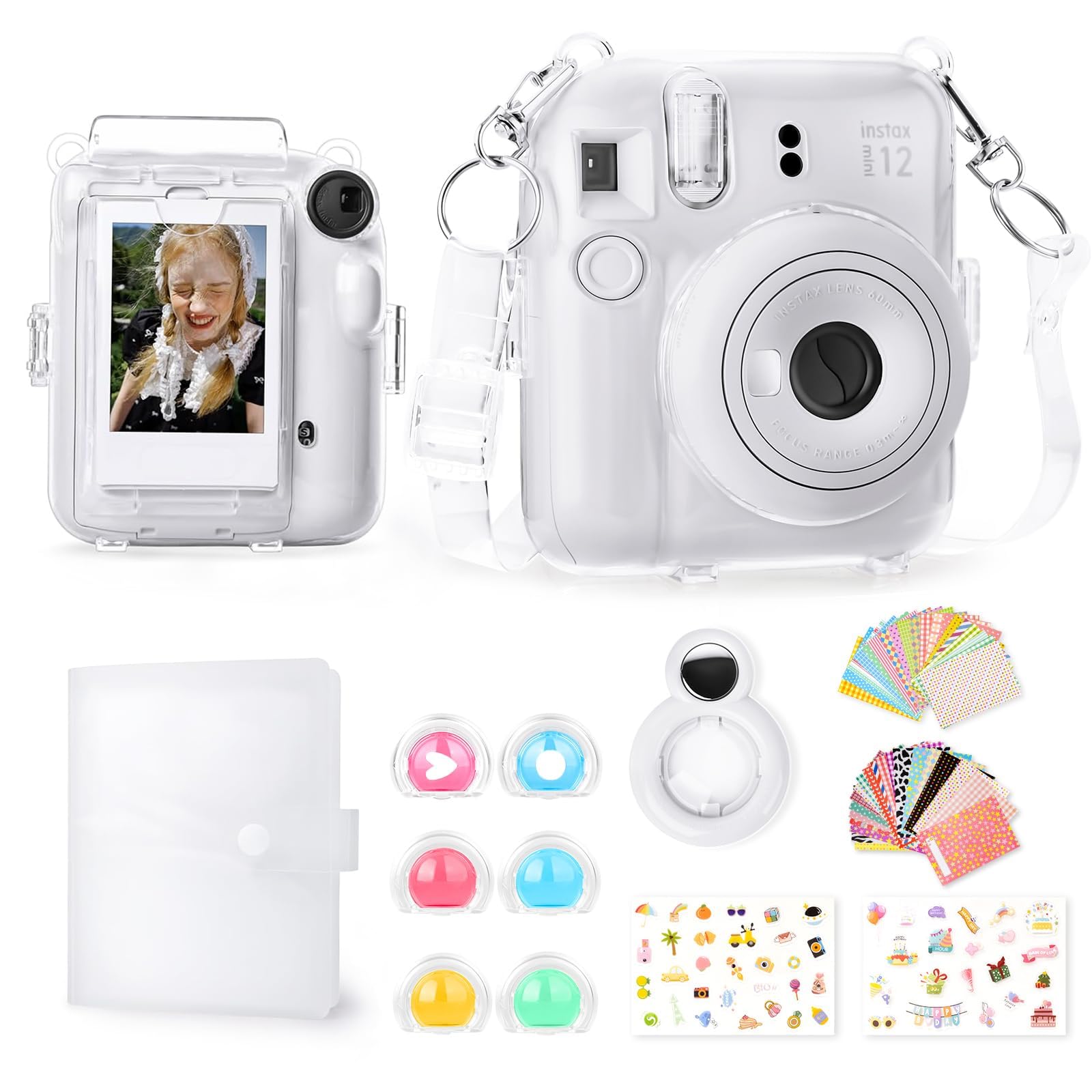 Rieibi Accessories for Fujifilm Instax Mini 12, Gift Bundle Includes Clear Instax Mini 12 Case with Strap, Mini12 Photo Album, Selfie Mirror, DIY Stickers, Color Filter (No Camera) - White
