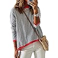 Dokotoo Long Sleeve Shirts for Women Casual Spring Crewneck Striped Color Block Shirt High Low Pullover Sweater Tops