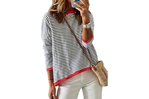 Dokotoo Womens 2024 Long Sleeve Sweaters Casual Crewneck Striped Color Block Shirts High Low Cotton Pullover Jumpers Tops