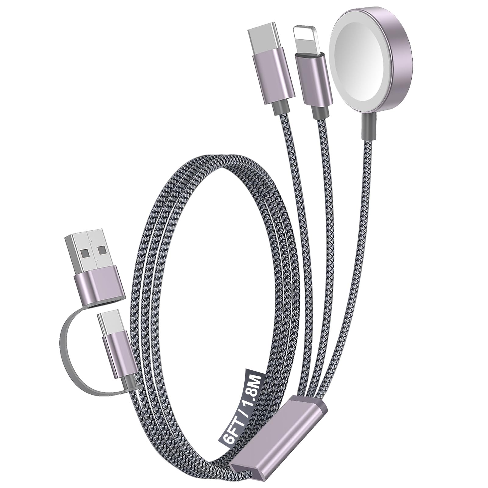 Photo 1 of 1Pack Multi Charging Cable Cord for Travel Essentials,Apple Watch Charger,iPhone Charger,[3-in-2] Type C/L Cable Portable Designed for iWatch,iPhone 17-8,Galaxy S25-21,AirPods,iPad-1.8M Gray
