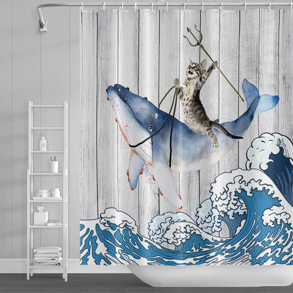 SDOTPMT 180x213cm Funny Cat Riding Whale Shower Curtain Vintage Wood Floor Japanese Sea Ocean Wave Bath Curtain Cute Cartoon Bathtub Curtain for Children Bathroom Polyester Waterproof with Hooks — image 1