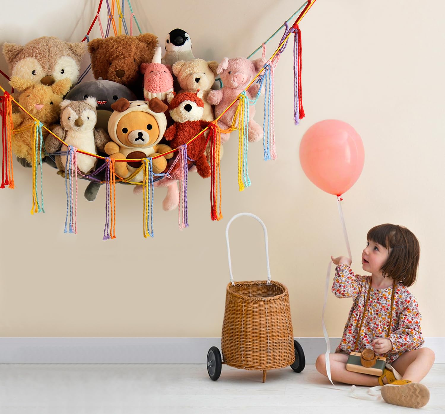 Stuffed Animal Hammock Corner Storage Net Cute Preppy Trendy Stuff Gifts for Teen Girls Baby Room Living Room House Wall Nursery Decor Rainbow Color Colorful Unicorn Hanging Organizers Organization