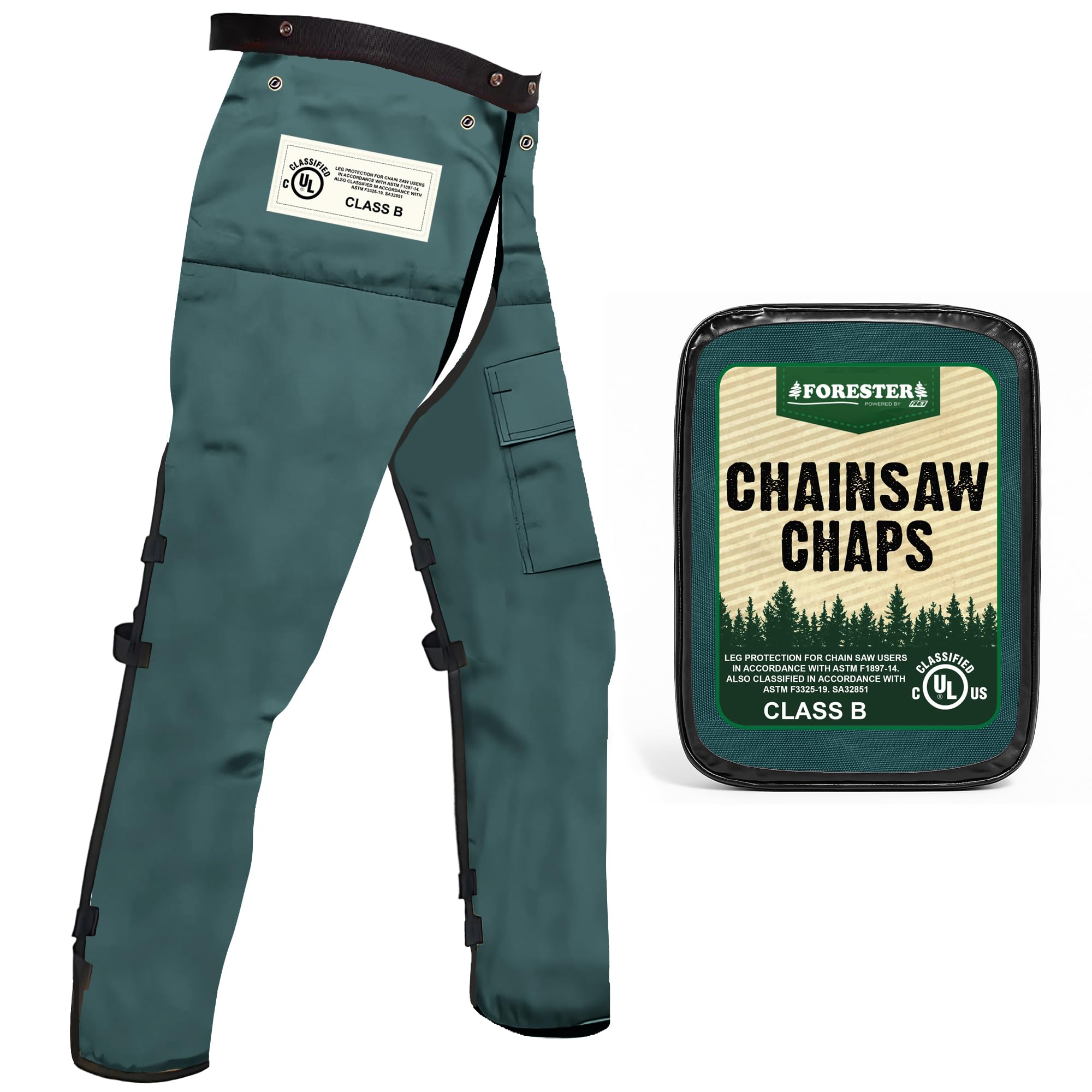 Chaparreras de motosierra FORESTER para hombres y mujeres | Chaparreras de motosierra para hombre estilo delantal con bolsillo y cintura ajustable | Equipo de seguridad para motosierras | Verde Bosque 40