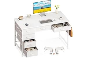 ODK Computer Desk with 6 Drawers, 40 Inch Small Desk with Storage, Reversible Desk with Headphone Hook for Home Office, Work Study Table for Bedroom, White