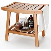 Bamboo Shower Stool Bench,Shower Chair for Inside Shower with Storage Shelf | Natural Bamboo,Large Storage,Ergonomic Curved Design,A-Shaped Stable Construction,Non-Slip Rubber Feet,Hold 300lbs