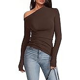 Meetrendi Women's Sexy Off Shoulder Tops Dressy Long Sleeve Asymmetrical Slim Fit Going Out Fall Blouse Ruched Shirts