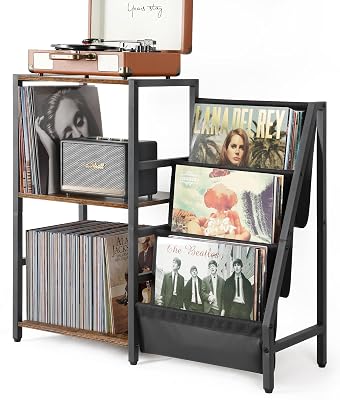 Bikoney Record Player Stand, Turntable Stand with 3-Tier Vinyl Record Storage, Record Player Table 200 Albums, End Table with Vinyl Display Holder Shelf, Record Player Cabinet Media Console for Stereo