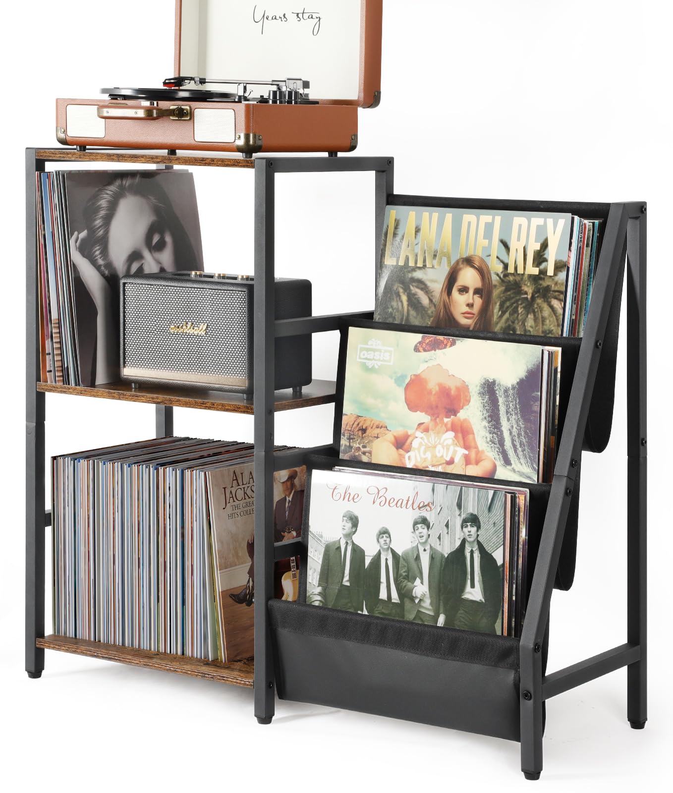 Bikoney Record Player Stand, Turntable Stand with 3-Tier Vinyl Record Storage, Record Player Table 200 Albums, End Table with Vinyl Display Holder Shelf, Record Player Cabinet Media Console for Stereo Image