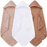 Sunny zzzZZ Muslin Hooded Baby Bath Towels - 3 Pack 100% Cotton Soft Low-Saturation Pastel Towels Including Classic White for Newborns, Infants, Toddlers - 32x32 Inch - Light Bean Paste and White