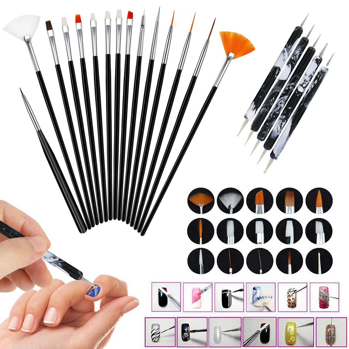 20pcs Nail Art Painting Kit, Nail Art Design Dotting Painting Drawing Polish Brush Pen Tools, Nail Art Brushes and Nail Dotting Tools Set : Beauty