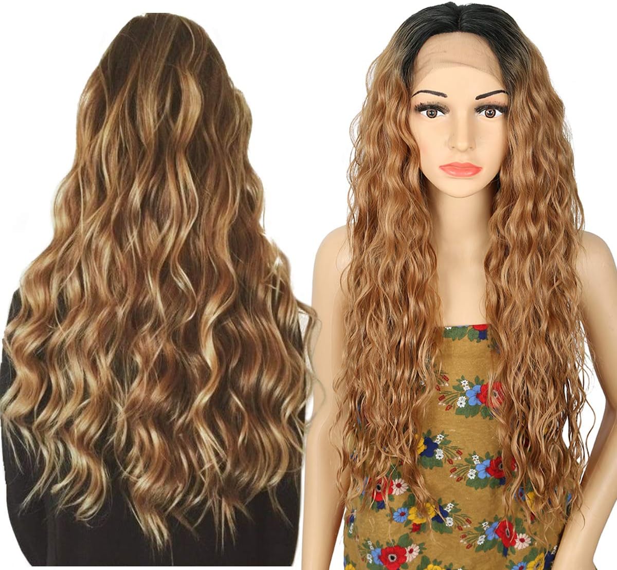 Liddy 13x4 Lace Front wig for Women Long Curly light brown Ombre Wigs Natural Wave 150% Density Long Curly Heat Resistant synthetic Wig 30"
