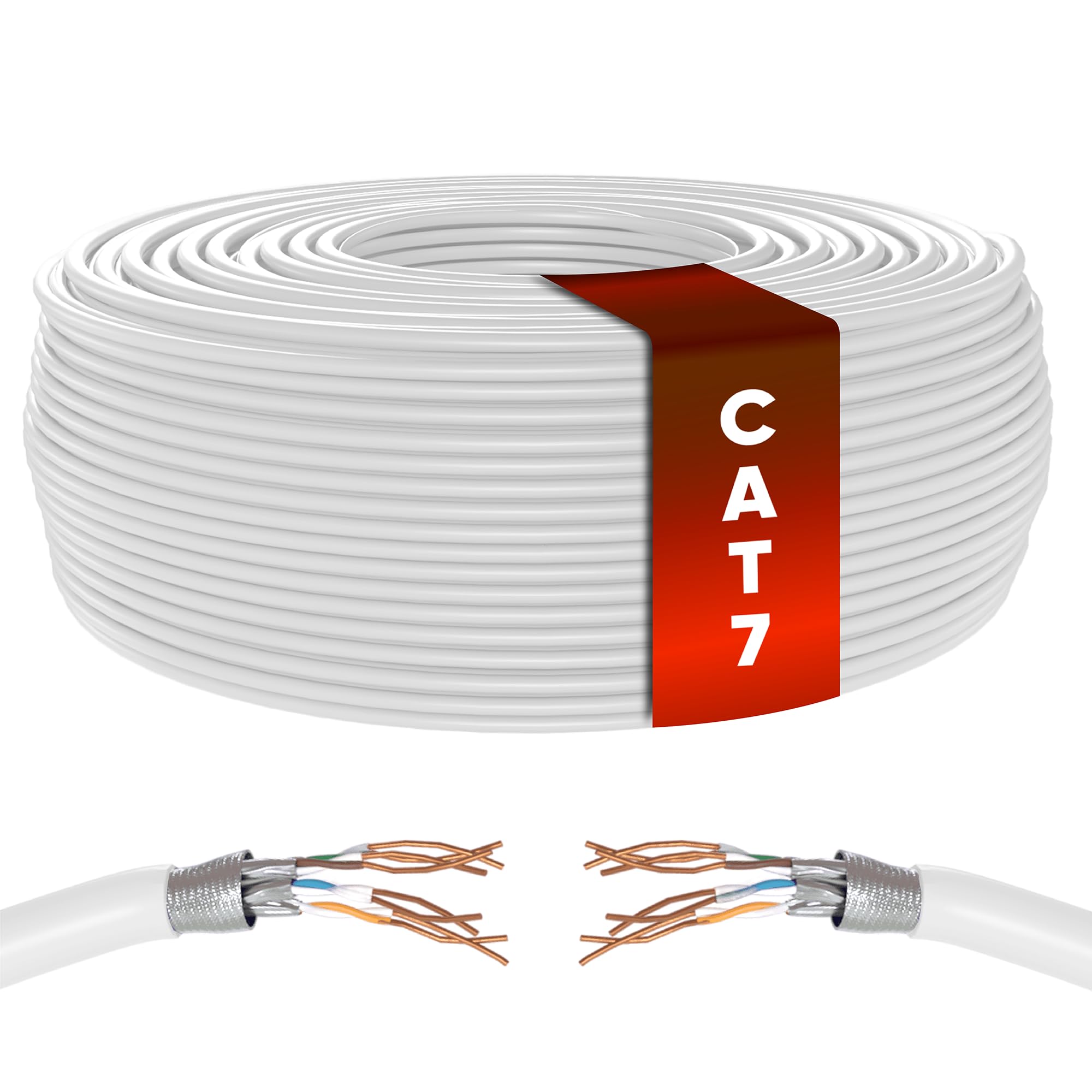 Mr. Tronic Bulk Cat 7 Ethernet Cable 50m, High Speed Pure Copper LAN Ethernet Network Cable, 600 MHz 25m Bulk Cat7 Internet, 10 Gbps, ADSL, SFTP 100% Bare Copper (50 Meters, White)
