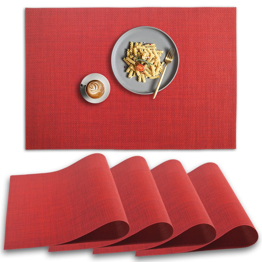 homEdge PVC Placemat, 4 PCS of Non-Slip Heat Resistant Place Mats, Washable Vinyl Placemats, Set of 4 – Red