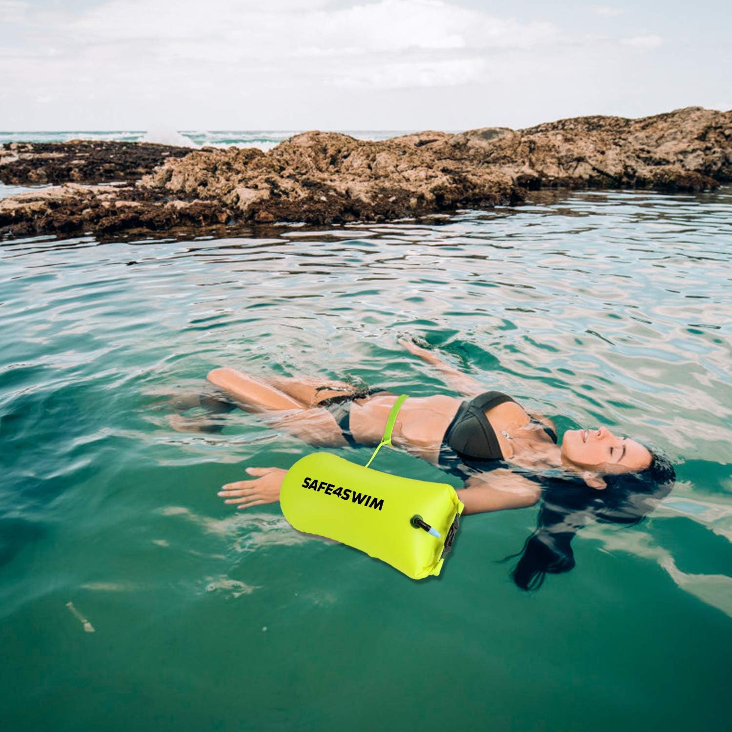 SAFE4SWIM 15L Pull Swim Buoy for Swimming Adult Open Water Be Bright Be Seen & Be Safer with Adjustable Swim Bubble Waist Belt Yellow: Sports & Outdoors